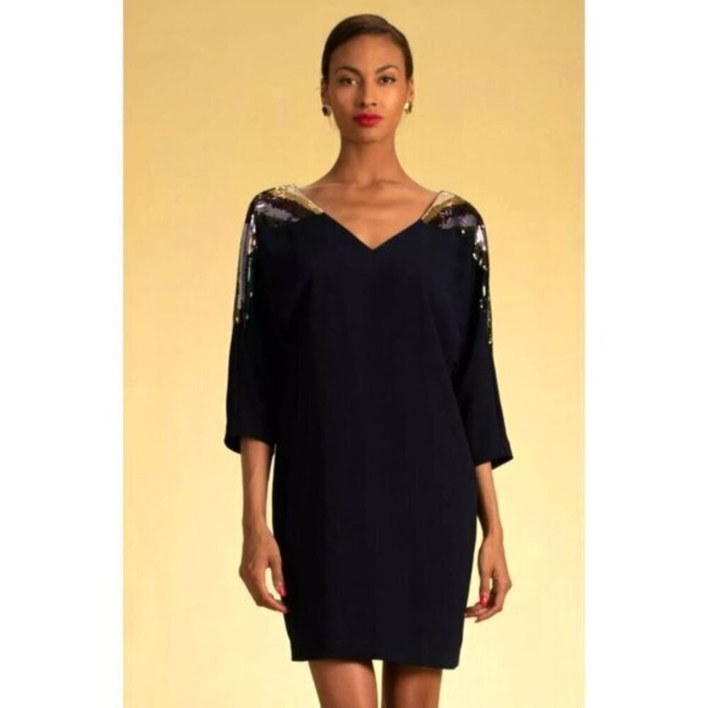 Trina Turk Womens Sequin Shobu V-neck Half Sleeve Dress in Black Size 2